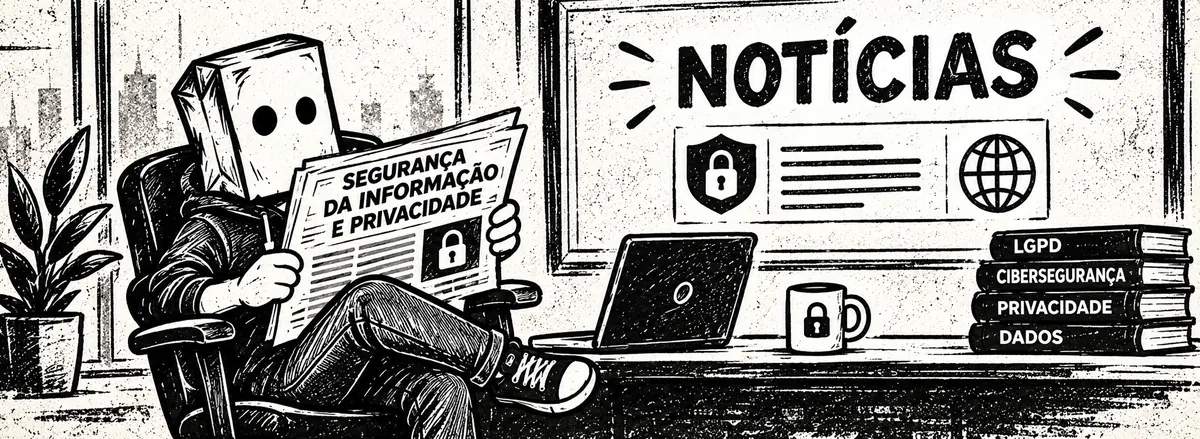 Ilustração em traço preto de uma pessoa com o rosto coberto por um saco de papel, sentada lendo um jornal sobre segurança da informação e privacidade, ao lado de um painel com a palavra Notícias e de livros sobre LGPD, cibersegurança, privacidade e dados.